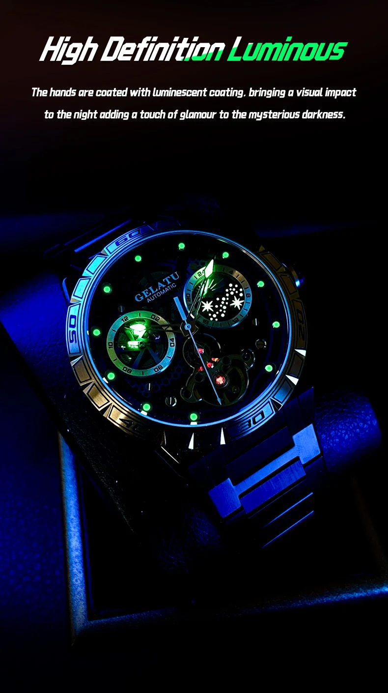 GELATU 6020 Trend Men's Watches Multifunctional Automatic Mechanical Watch for Men Flywheel Hollow out Moon Phase Wristwatch Man