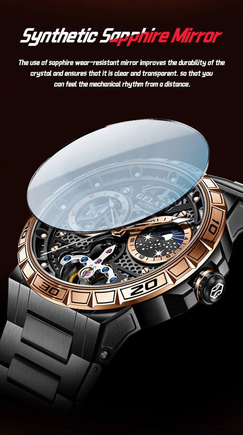 GELATU 6020 Trend Men's Watches Multifunctional Automatic Mechanical Watch for Men Flywheel Hollow out Moon Phase Wristwatch Man