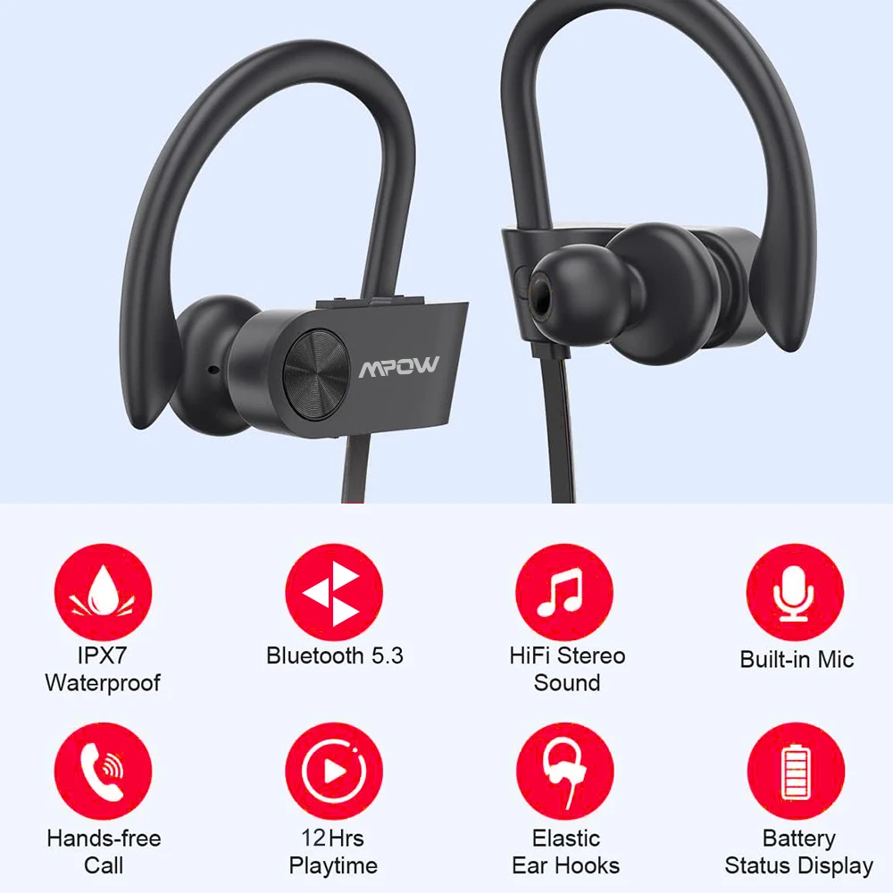 New Version Mpow Flame Sports Earphones IPX7 Waterproof Bluetooth V5.3 Earbuds 12 Hours Playtime&Noise Canceling Mic for iPhone