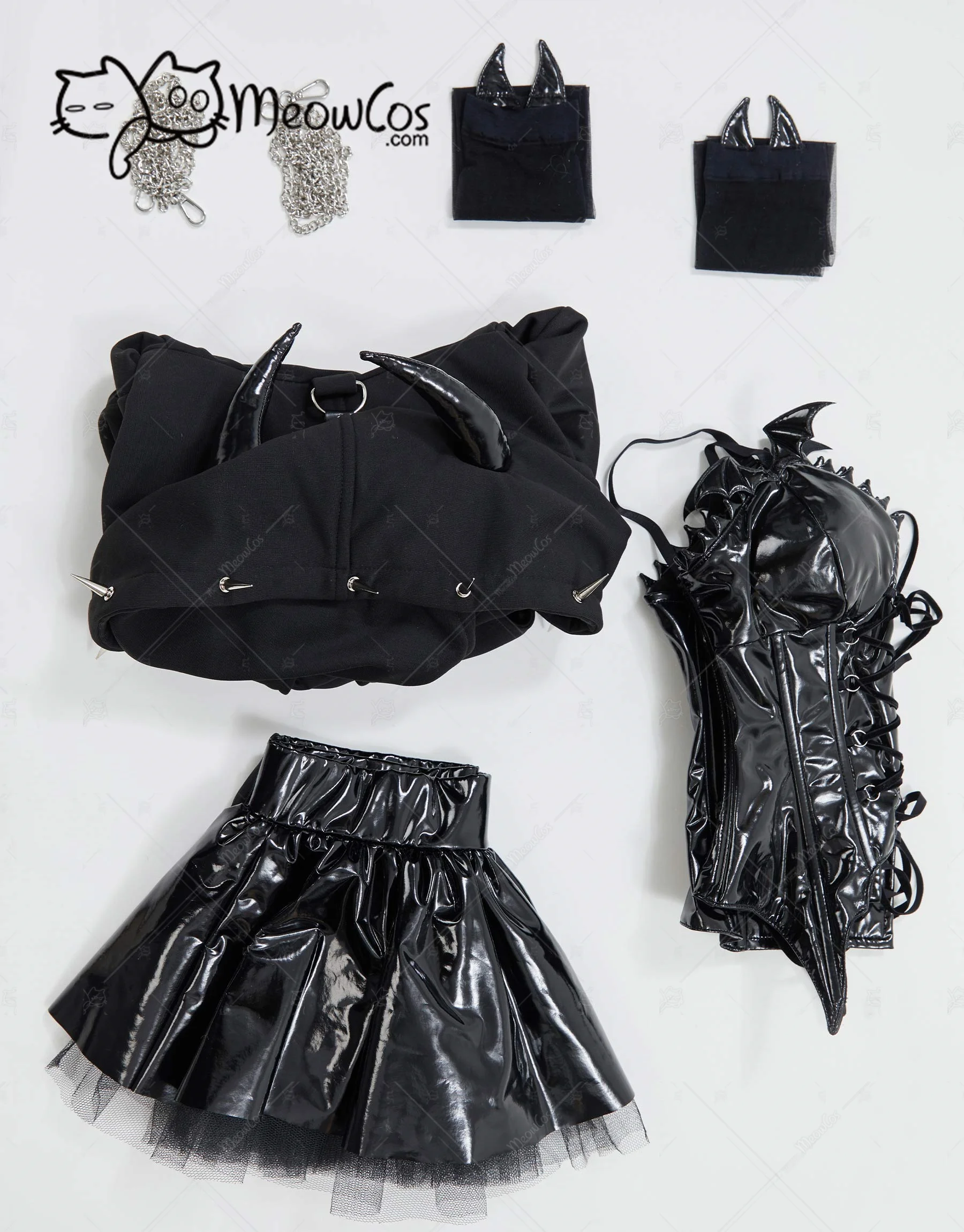 MEOWCOS Women Gothic Lingerie Set Black Corset Top and Mini Skirt with Short Hoodie and Thigh-High Stockings for Halloween