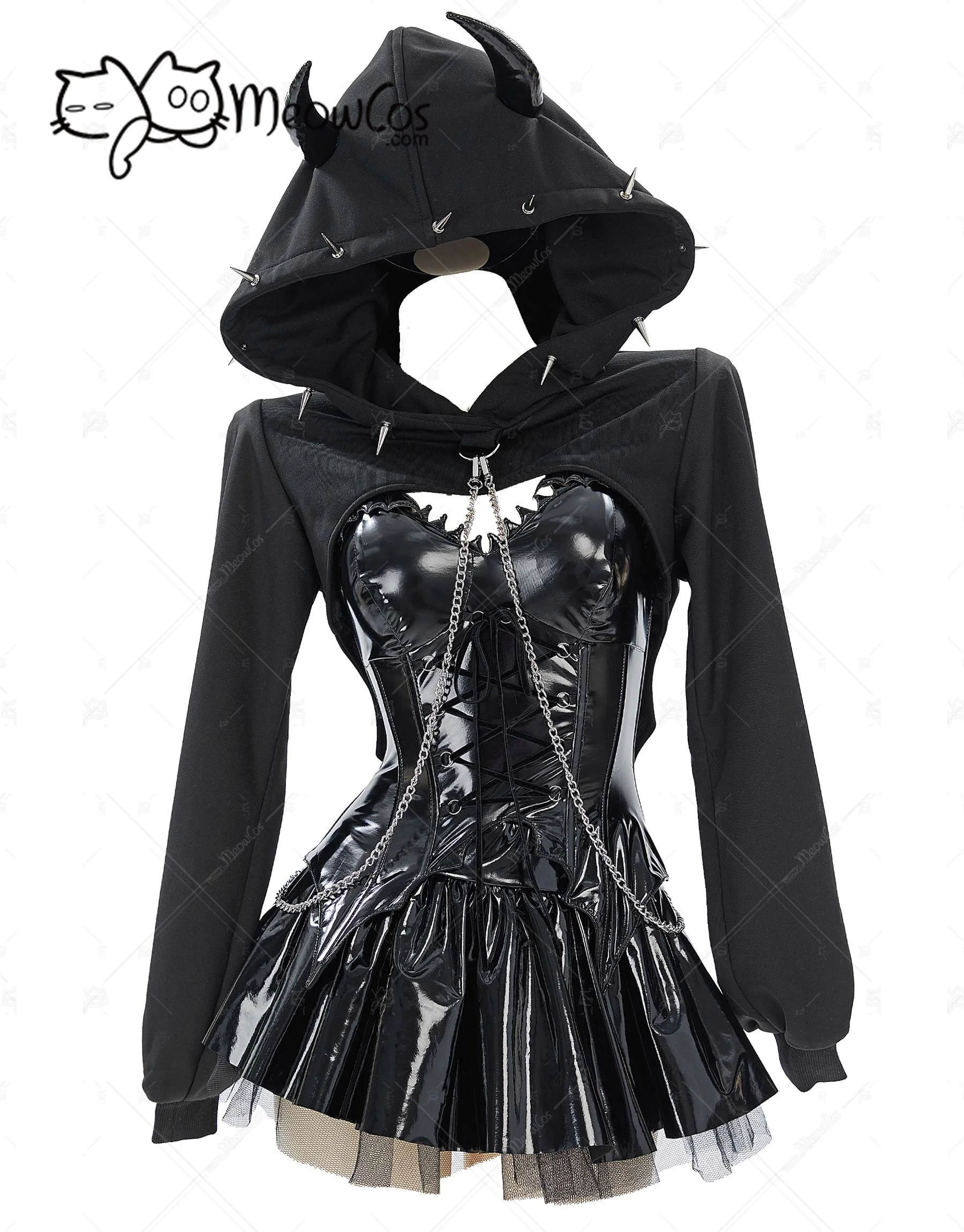MEOWCOS Women Gothic Lingerie Set Black Corset Top and Mini Skirt with Short Hoodie and Thigh-High Stockings for Halloween