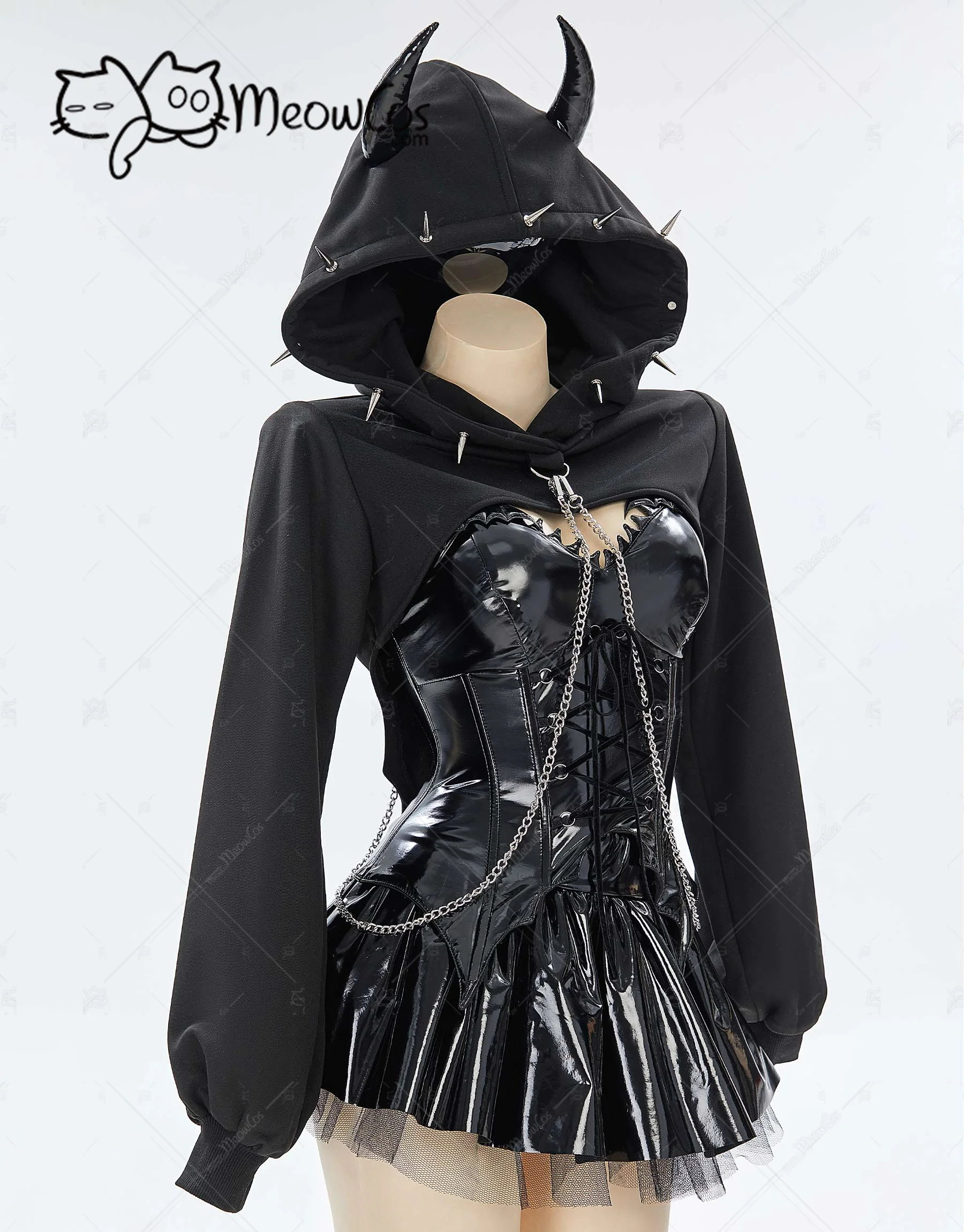 MEOWCOS Women Gothic Lingerie Set Black Corset Top and Mini Skirt with Short Hoodie and Thigh-High Stockings for Halloween