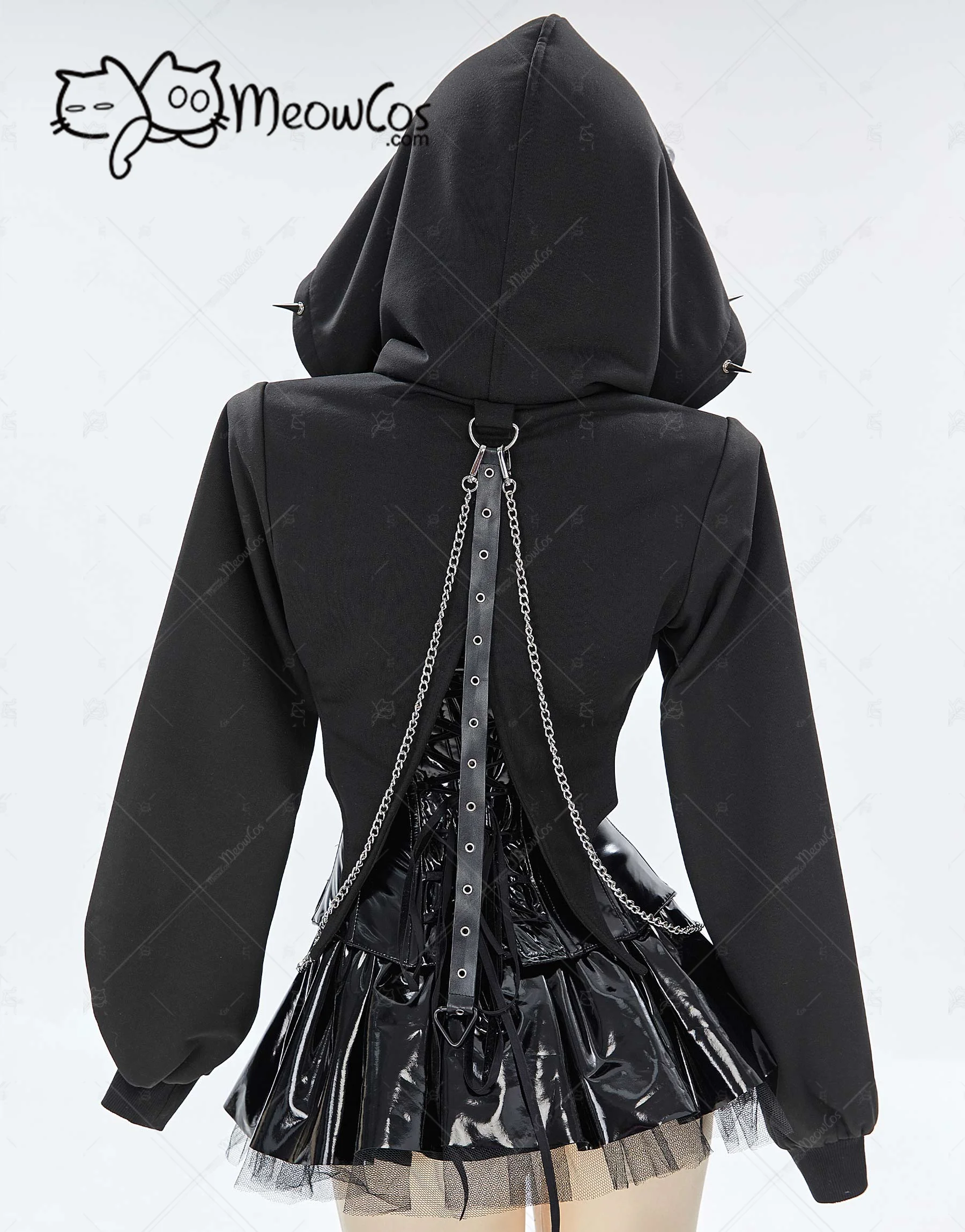 MEOWCOS Women Gothic Lingerie Set Black Corset Top and Mini Skirt with Short Hoodie and Thigh-High Stockings for Halloween