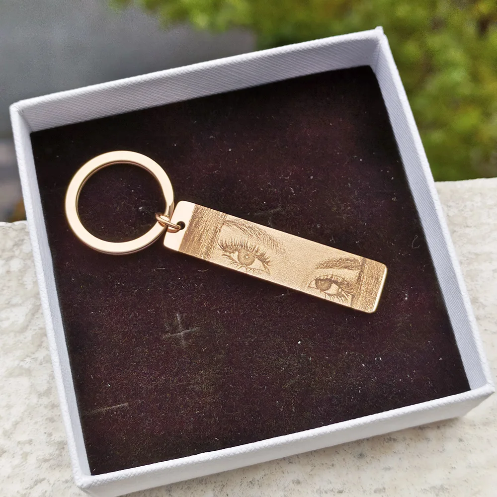 GoldButterly Customized Eyes Photo Couple Key Chain Laser Engraved Eyes Photo Key Chain Stainless Steel Jewelry Gifts for Lover