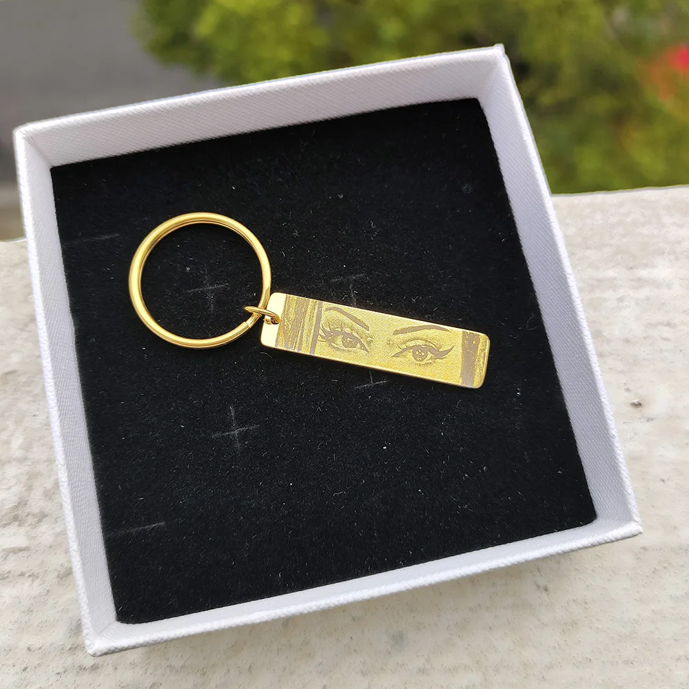 GoldButterly Customized Eyes Photo Couple Key Chain Laser Engraved Eyes Photo Key Chain Stainless Steel Jewelry Gifts for Lover