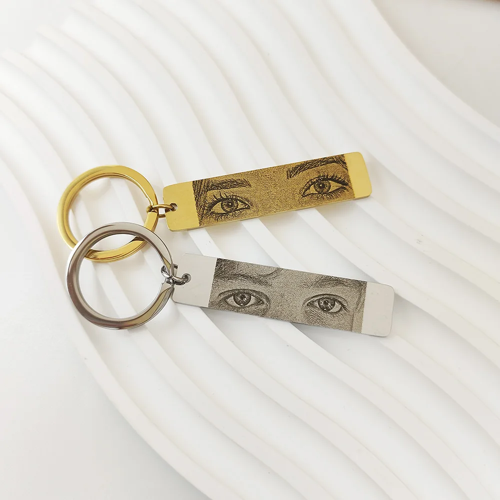GoldButterly Customized Eyes Photo Couple Key Chain Laser Engraved Eyes Photo Key Chain Stainless Steel Jewelry Gifts for Lover