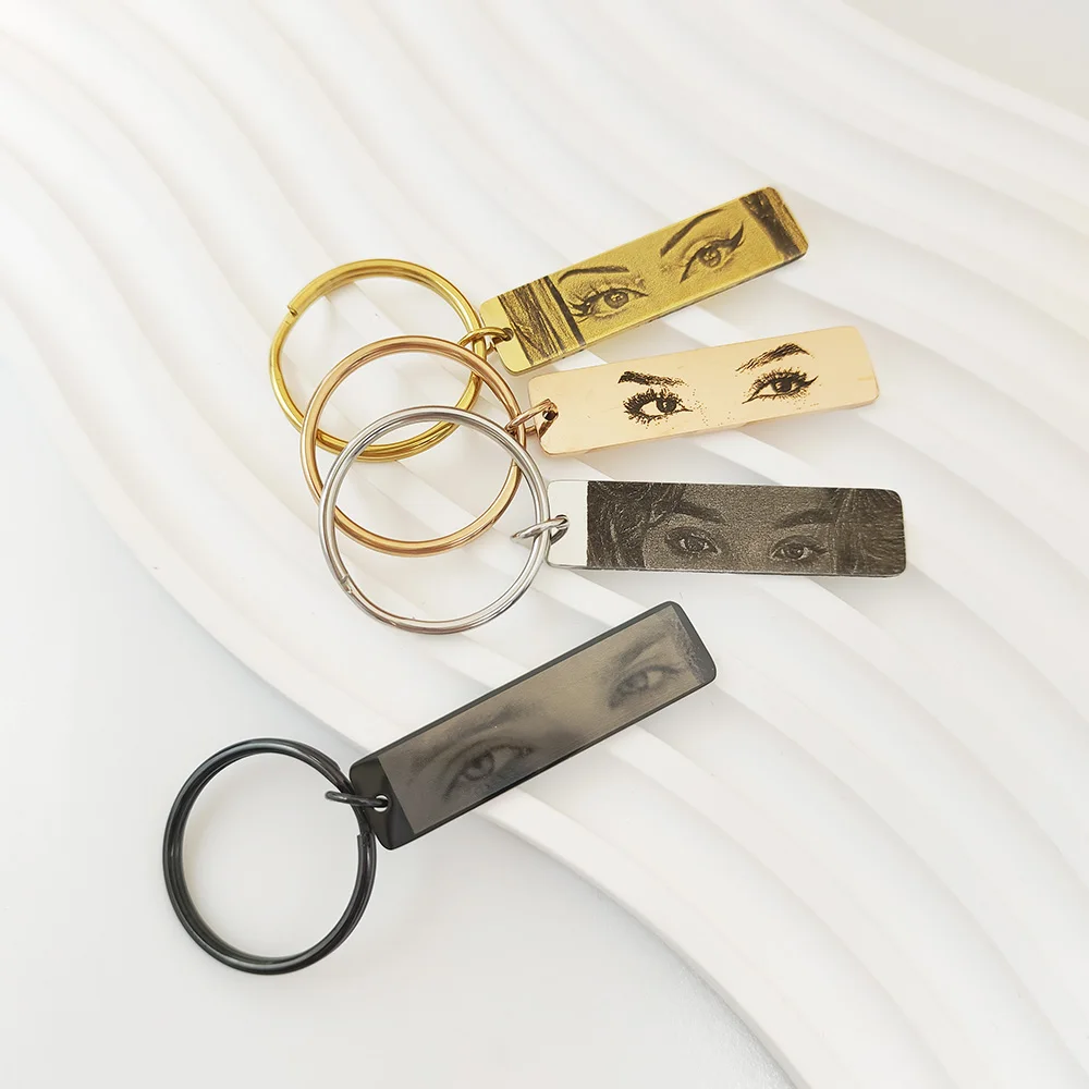 GoldButterly Customized Eyes Photo Couple Key Chain Laser Engraved Eyes Photo Key Chain Stainless Steel Jewelry Gifts for Lover