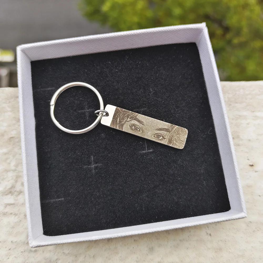 GoldButterly Customized Eyes Photo Couple Key Chain Laser Engraved Eyes Photo Key Chain Stainless Steel Jewelry Gifts for Lover