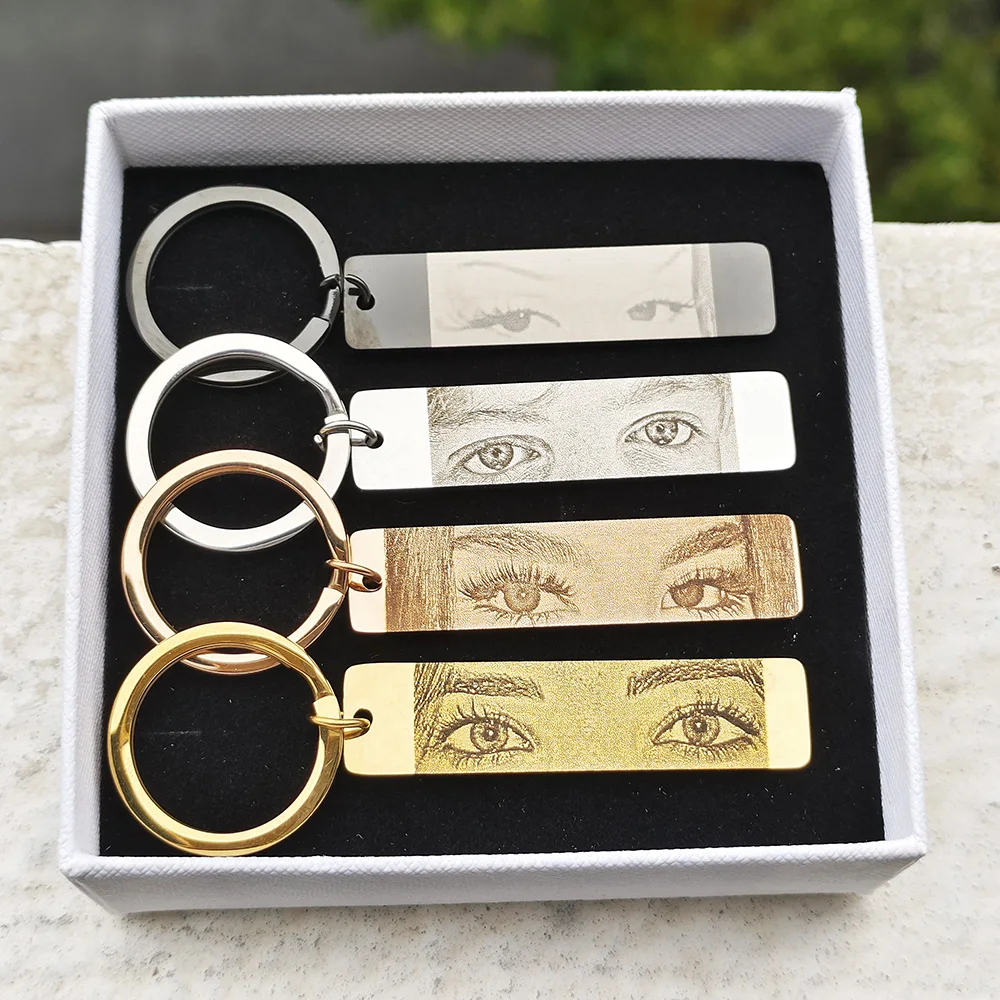 GoldButterly Customized Eyes Photo Couple Key Chain Laser Engraved Eyes Photo Key Chain Stainless Steel Jewelry Gifts for Lover