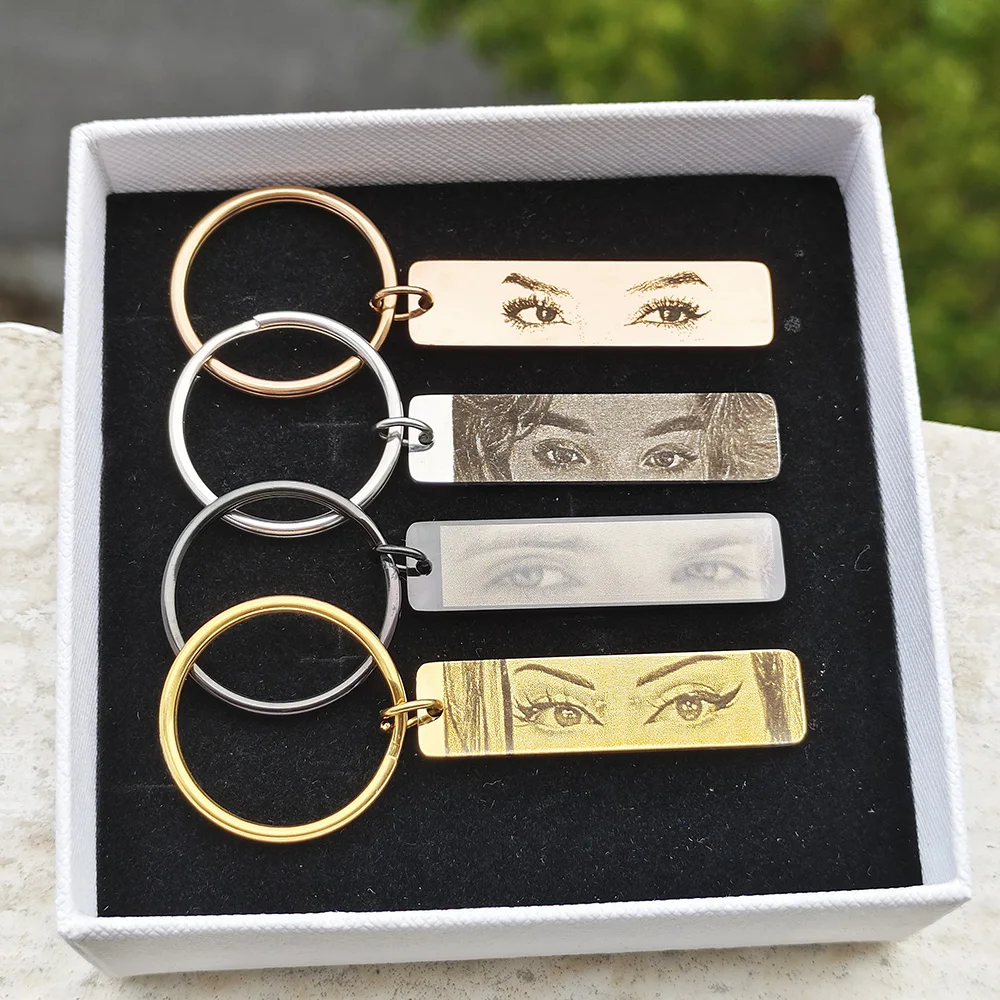 GoldButterly Customized Eyes Photo Couple Key Chain Laser Engraved Eyes Photo Key Chain Stainless Steel Jewelry Gifts for Lover