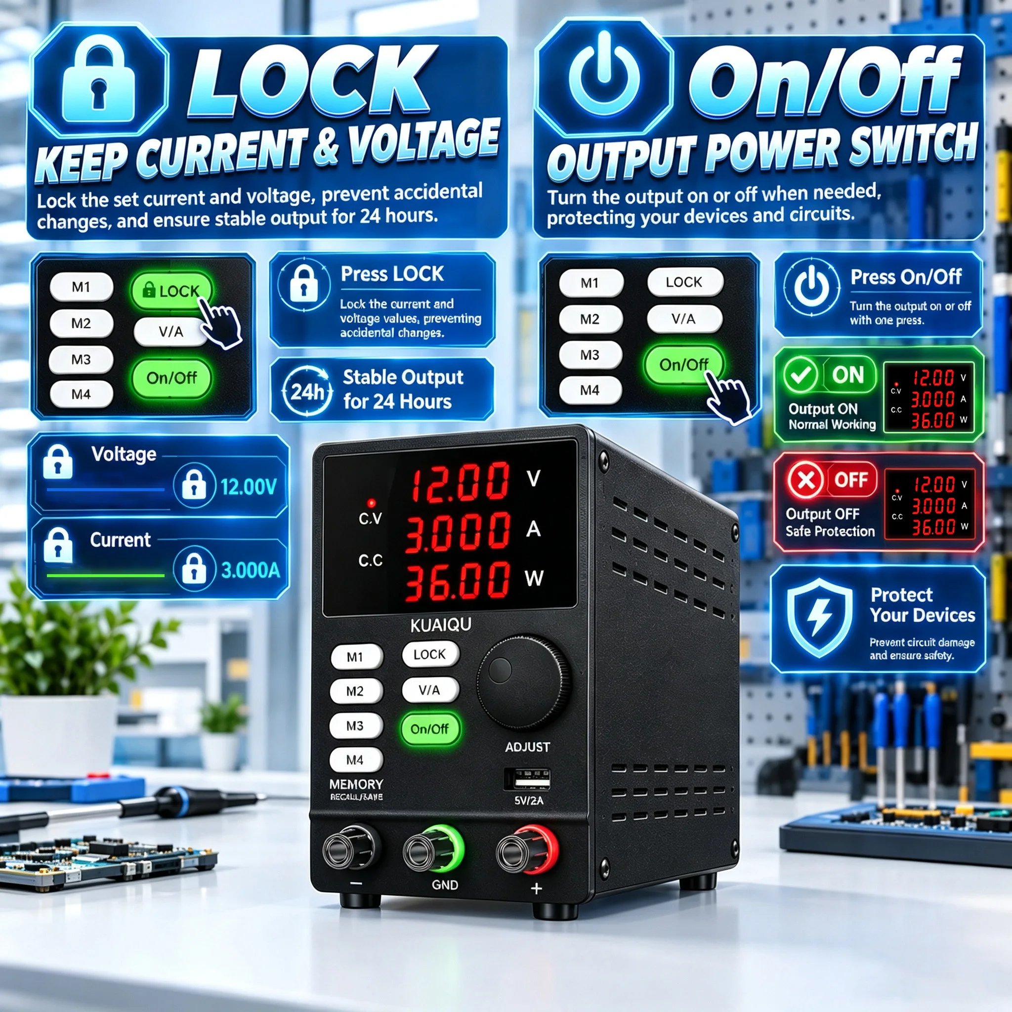 KUAIQU DC Lab Power Supply, High Precision 5V 12V 18V 24V 30V 48V 60V 72V 120V Adjustable Voltage Regulator, Bench Power Source