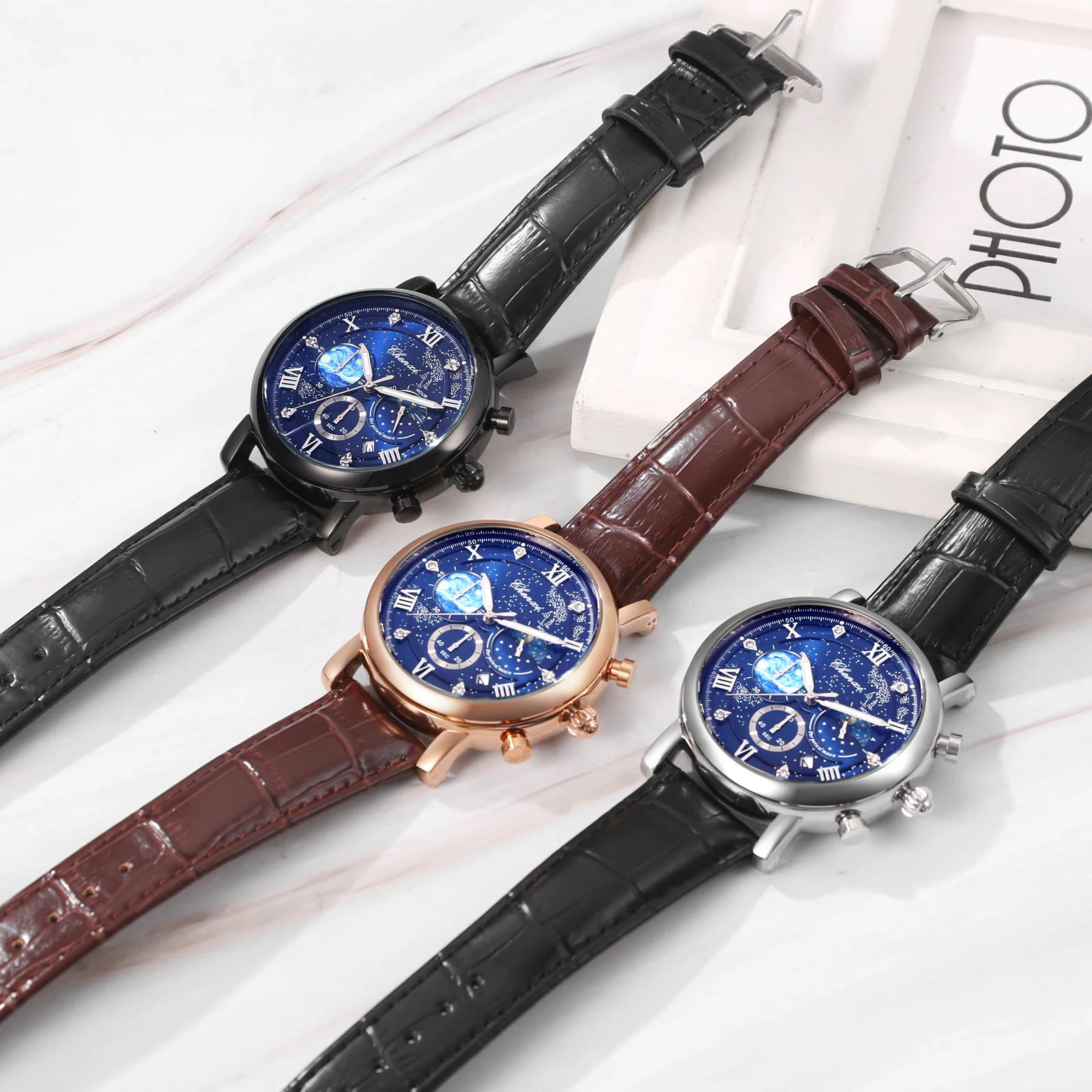 Men's quartz watch Leather strap waterproof watch Van Gogh Starry Sky decorated dial Chronograph Stopwatch Calendar available