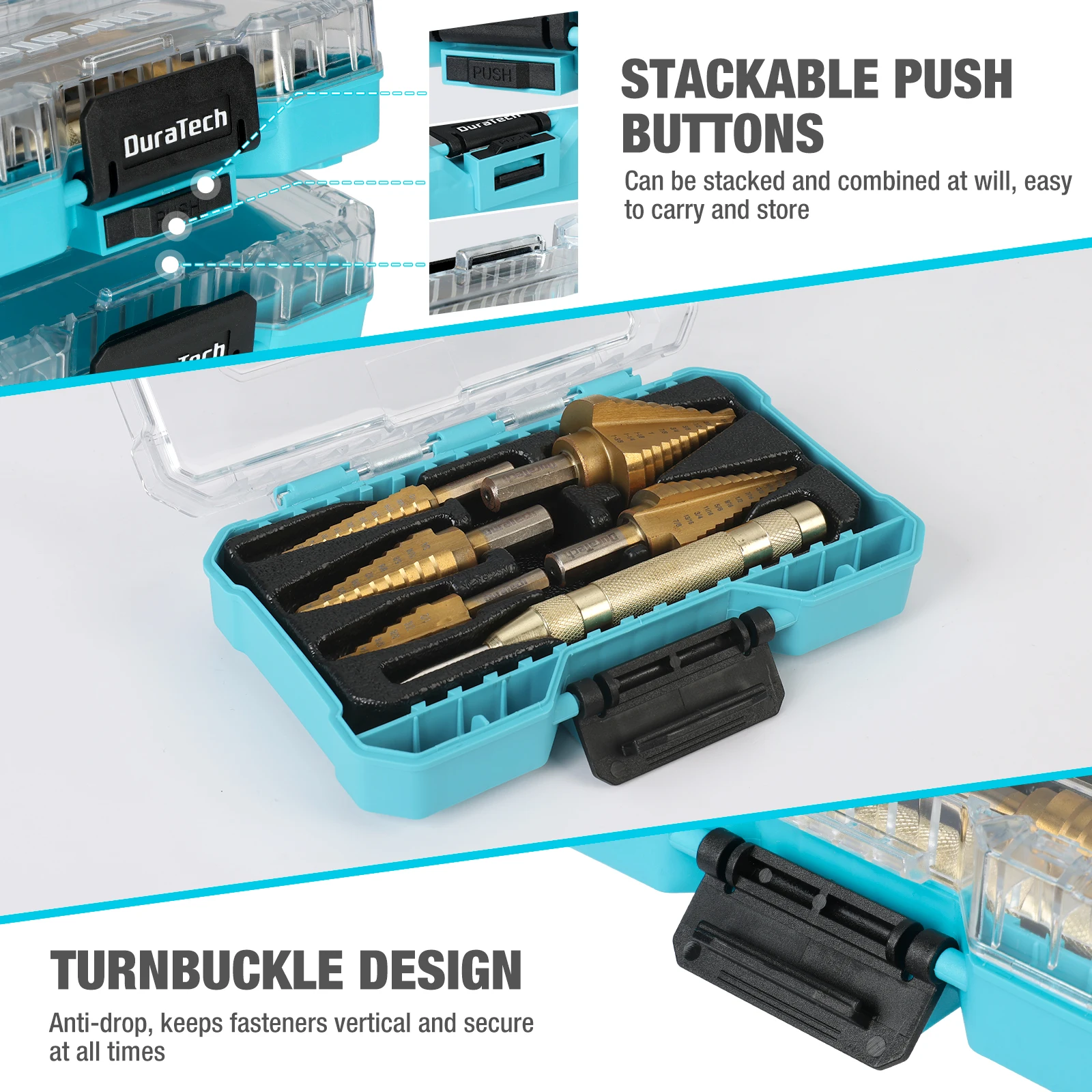 DURATECH 6PC Step Drill Bit Set with Automatic Center PunchTitanium Coated Double Flute Cutting Blades Step Drill Bits for Metal