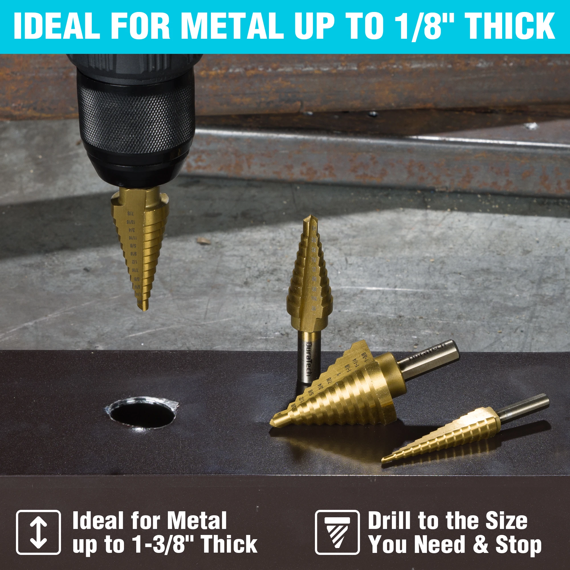 DURATECH 6PC Step Drill Bit Set with Automatic Center PunchTitanium Coated Double Flute Cutting Blades Step Drill Bits for Metal