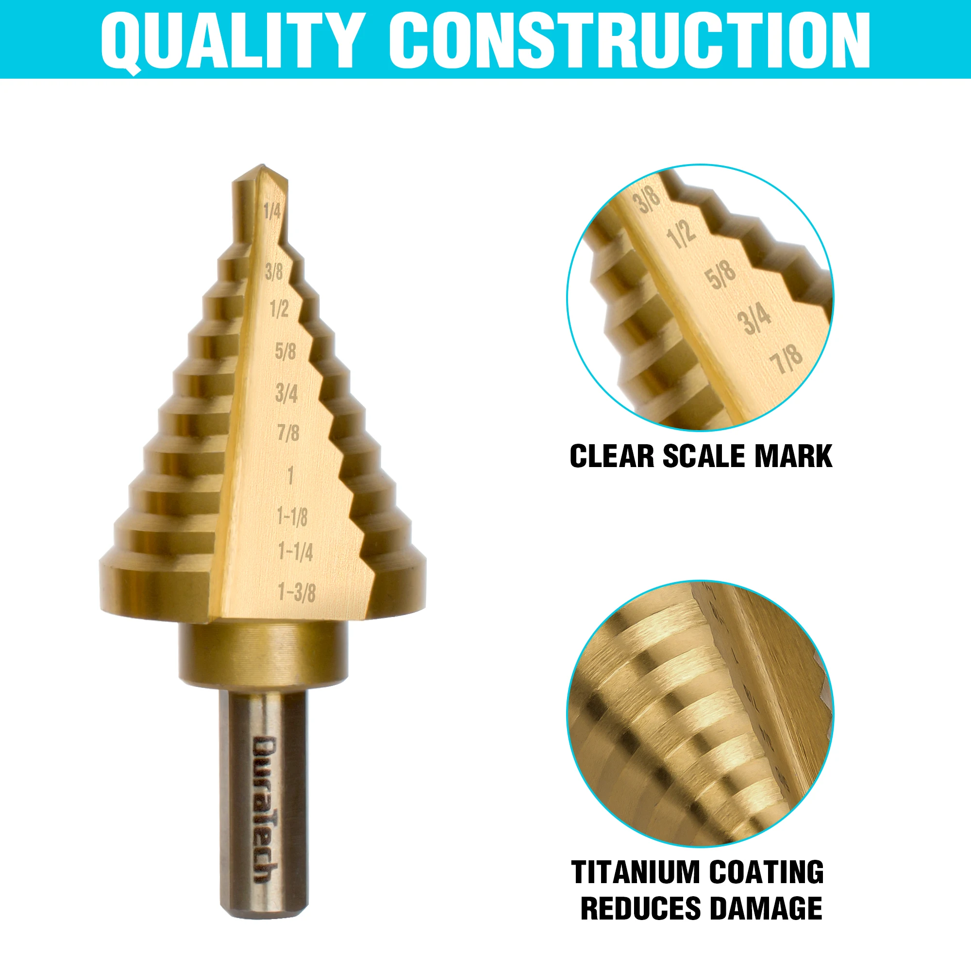DURATECH 6PC Step Drill Bit Set with Automatic Center PunchTitanium Coated Double Flute Cutting Blades Step Drill Bits for Metal