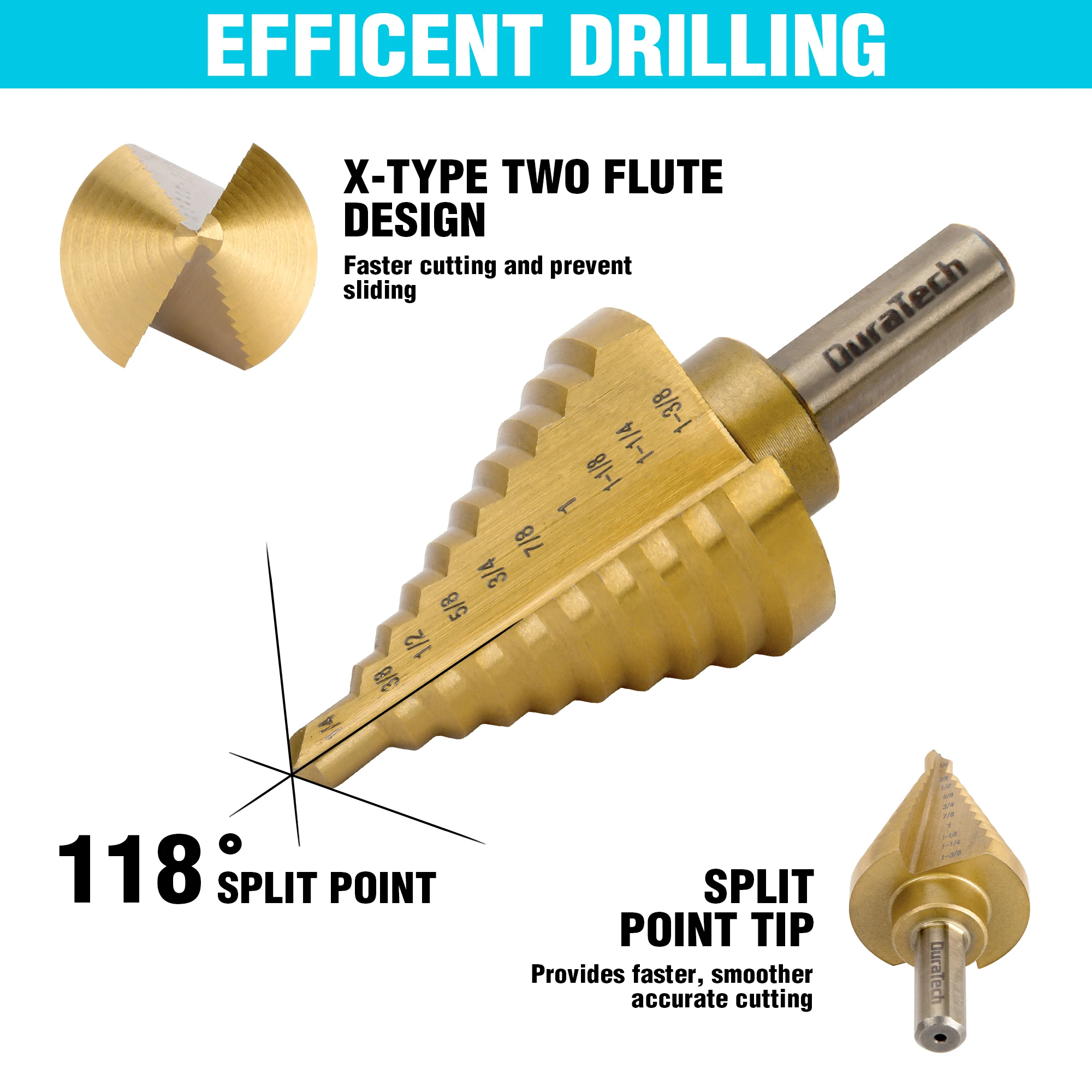 DURATECH 6PC Step Drill Bit Set with Automatic Center PunchTitanium Coated Double Flute Cutting Blades Step Drill Bits for Metal