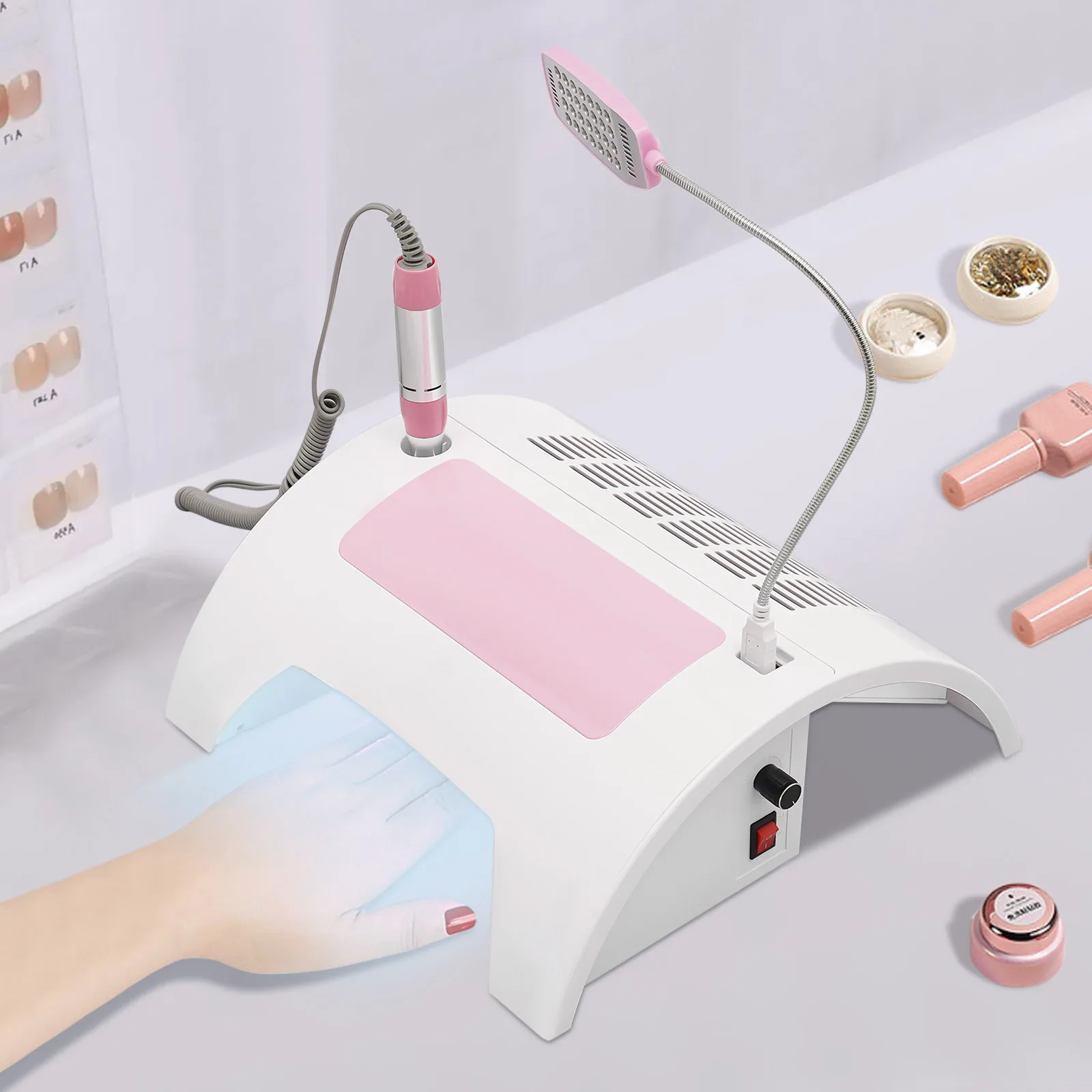 5 In 1 Nail Dust Collector with Nail Drill Hand Rest and LED Desk Lamp for Nail Salon and Home Use