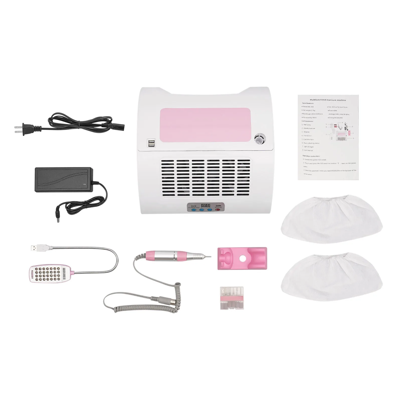 5 In 1 Nail Dust Collector with Nail Drill Hand Rest and LED Desk Lamp for Nail Salon and Home Use