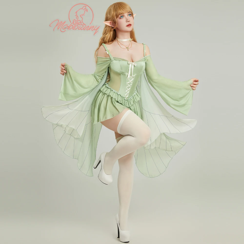 Mobbunny Women's Magic Elf Medieval Green Fairy Lingerie Dress Green Ruffle Elegant Bodysuit and Necklace with Stockings