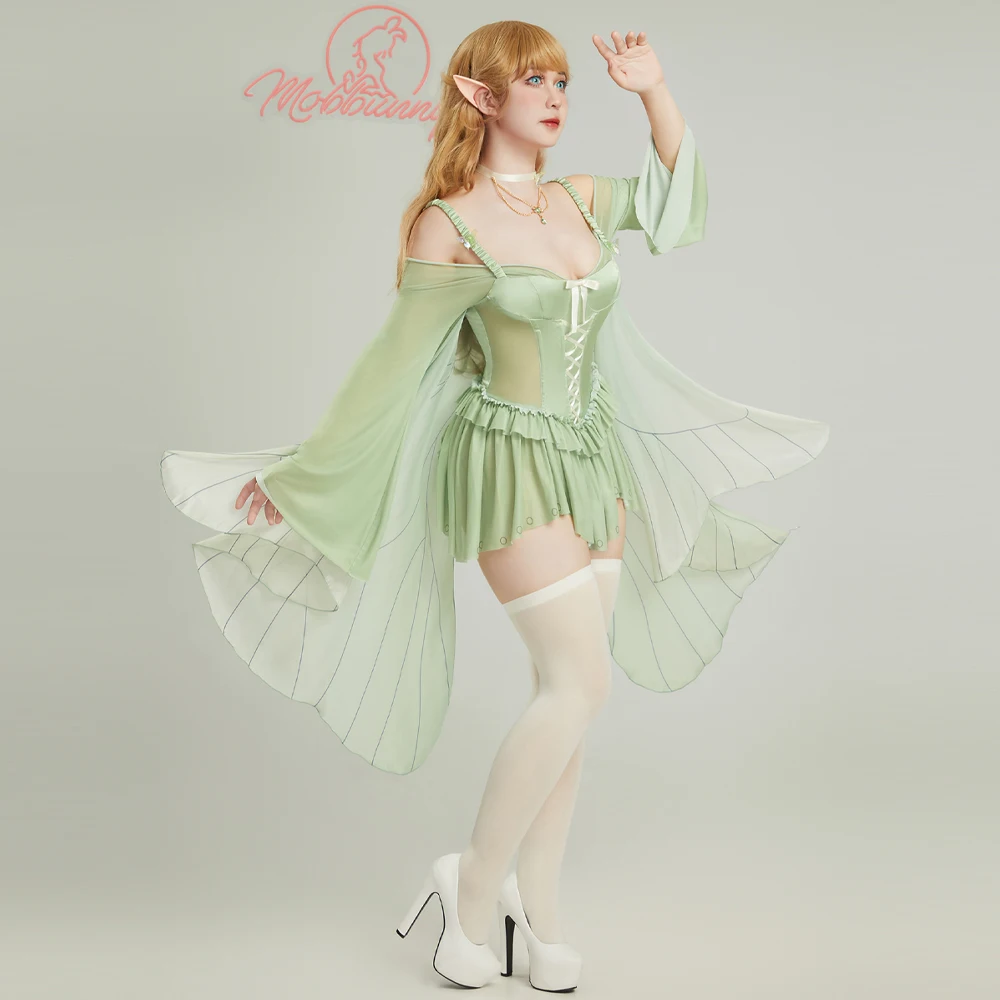 Mobbunny Women's Magic Elf Medieval Green Fairy Lingerie Dress Green Ruffle Elegant Bodysuit and Necklace with Stockings