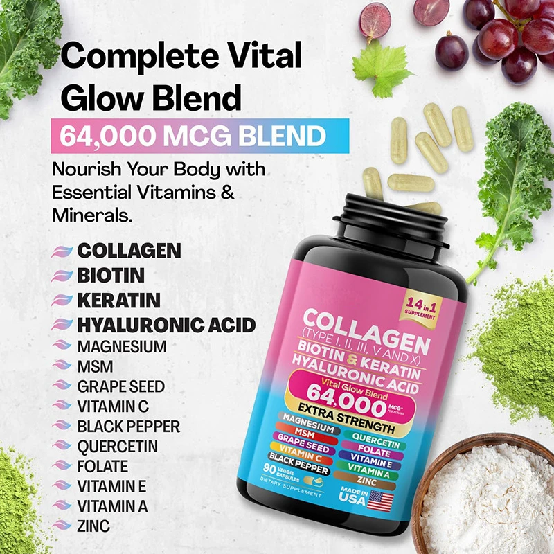 Hydrolyzed Collagen Capsules,Hyaluronic Acid, Biotin,Vitamins,Supports Healthy Skin Joints Hair Nails,NAD+ Supplement for Women