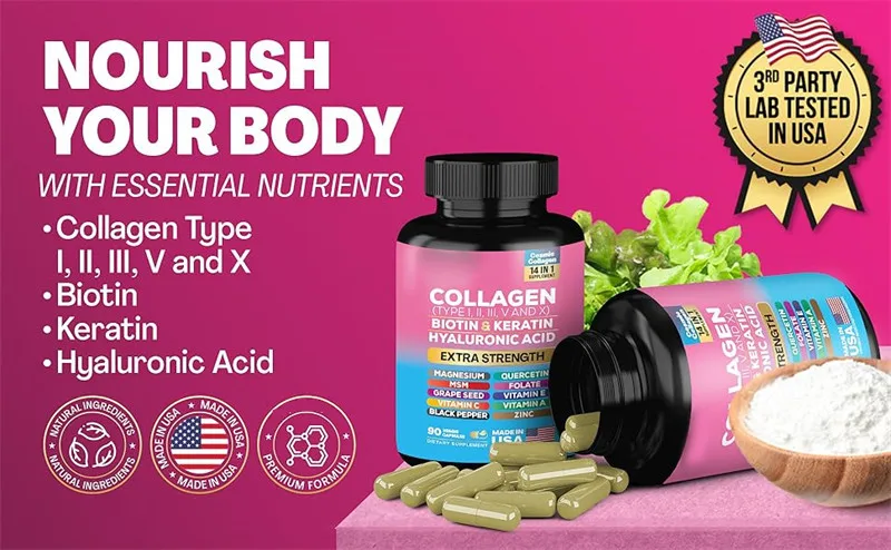 Hydrolyzed Collagen Capsules,Hyaluronic Acid, Biotin,Vitamins,Supports Healthy Skin Joints Hair Nails,NAD+ Supplement for Women