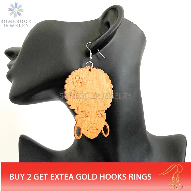 SOMESOOR Engraved Afrocentric Ethnic Wooden Drop Earrings Tribal Headwrap Natural Hair Geometric Dangle Jewelry For Women Gifts
