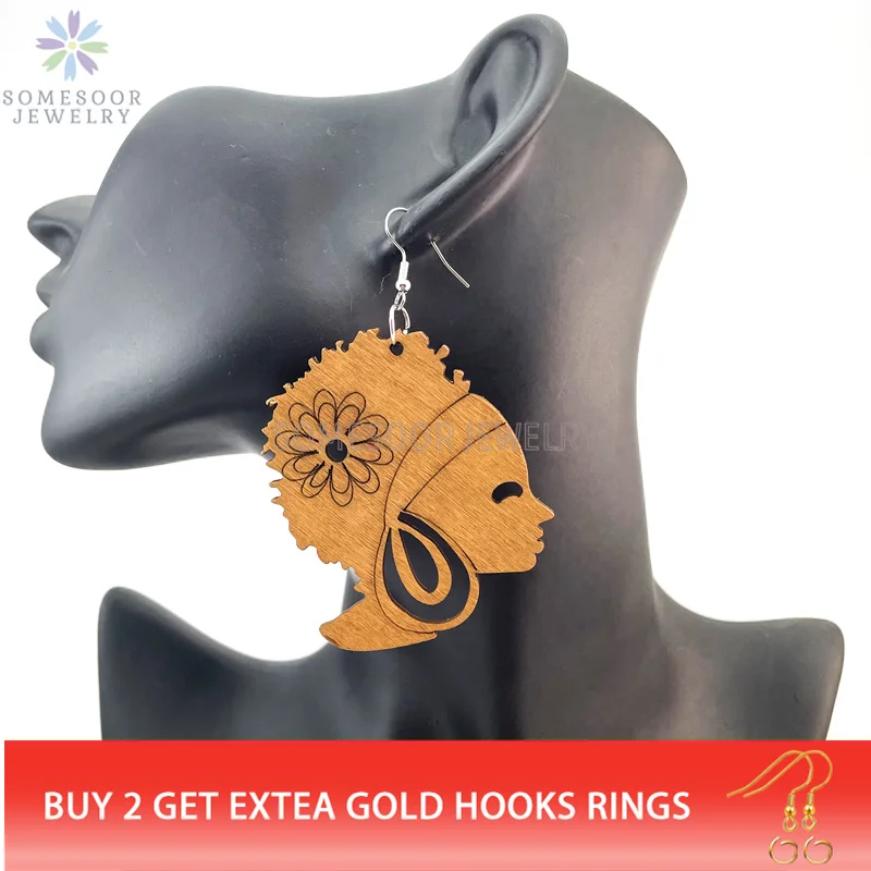 SOMESOOR Engraved Afrocentric Ethnic Wooden Drop Earrings Tribal Headwrap Natural Hair Geometric Dangle Jewelry For Women Gifts