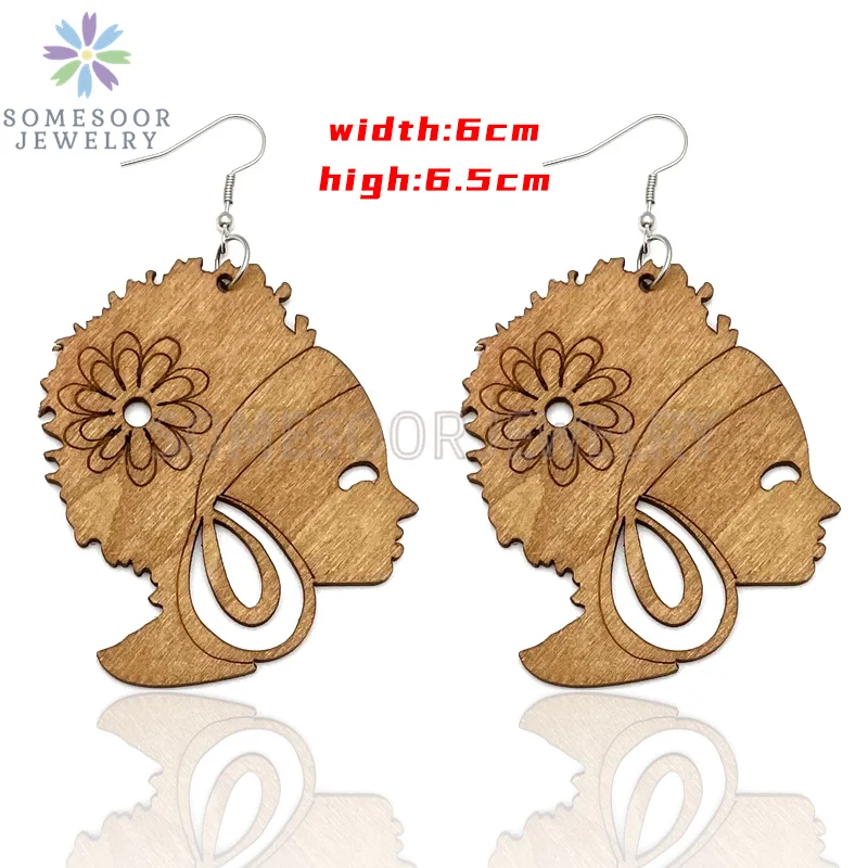SOMESOOR Engraved Afrocentric Ethnic Wooden Drop Earrings Tribal Headwrap Natural Hair Geometric Dangle Jewelry For Women Gifts