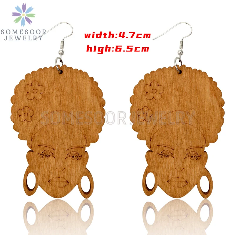SOMESOOR Engraved Afrocentric Ethnic Wooden Drop Earrings Tribal Headwrap Natural Hair Geometric Dangle Jewelry For Women Gifts