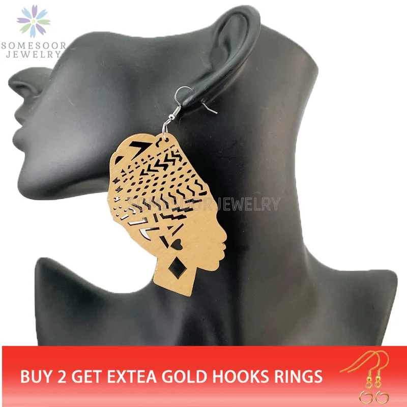 SOMESOOR Engraved Afrocentric Ethnic Wooden Drop Earrings Tribal Headwrap Natural Hair Geometric Dangle Jewelry For Women Gifts