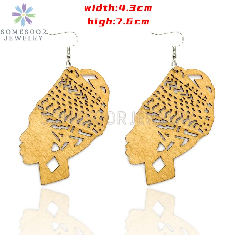 SOMESOOR Engraved Afrocentric Ethnic Wooden Drop Earrings Tribal Headwrap Natural Hair Geometric Dangle Jewelry For Women Gifts