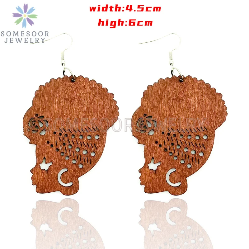 SOMESOOR Engraved Afrocentric Ethnic Wooden Drop Earrings Tribal Headwrap Natural Hair Geometric Dangle Jewelry For Women Gifts