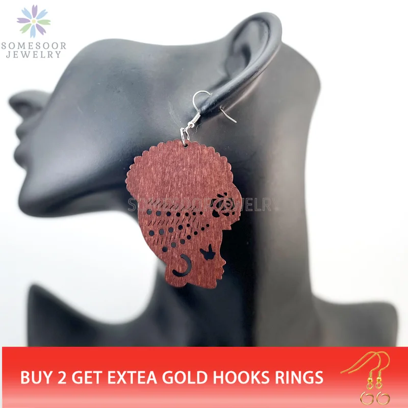 SOMESOOR Engraved Afrocentric Ethnic Wooden Drop Earrings Tribal Headwrap Natural Hair Geometric Dangle Jewelry For Women Gifts