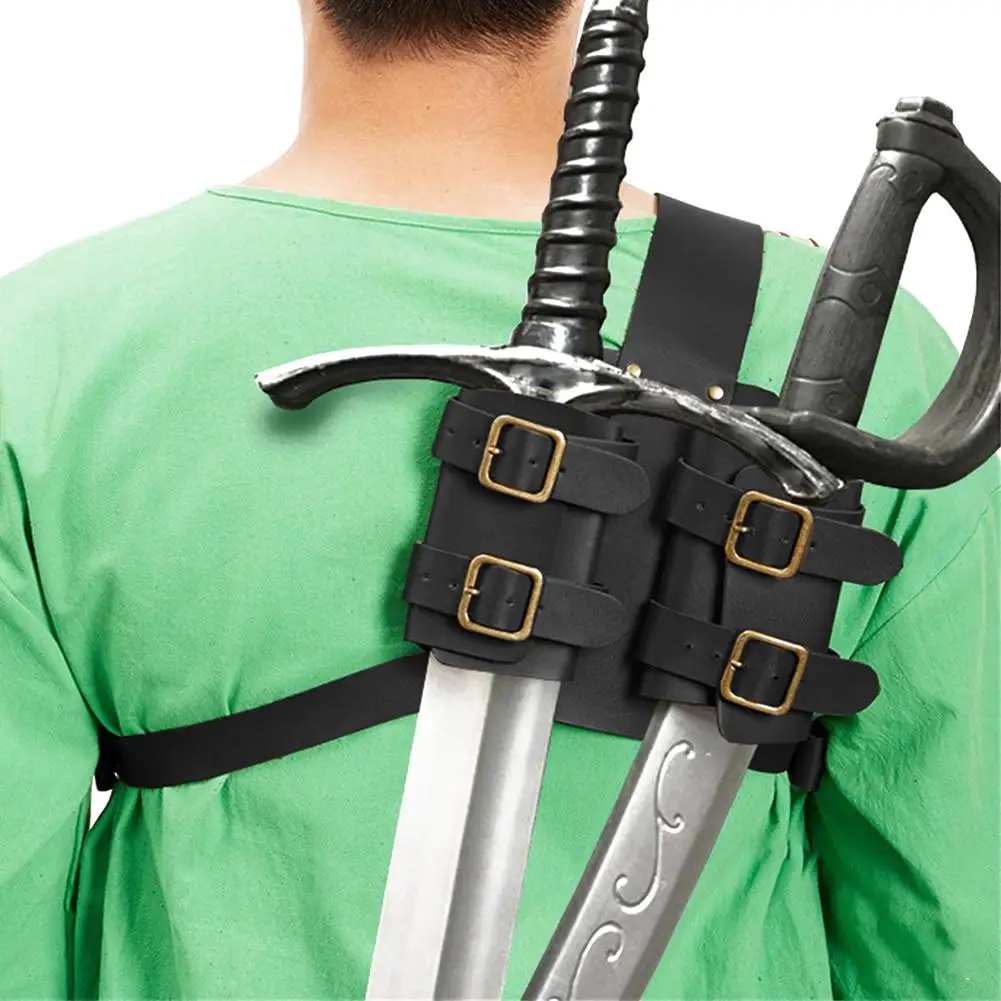 Medieval Retro Sword Shoulder Back Sheath Frog Holder for Adult Men Warrior Costume Rapier Leather Buckle Holster