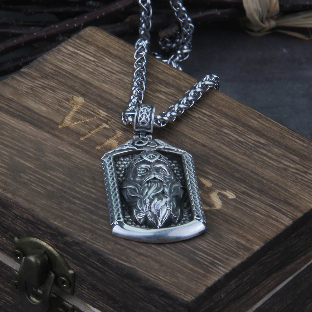 Real 925 Sterling Silver Odin Photo frame with chain and Viking wooden box as gift