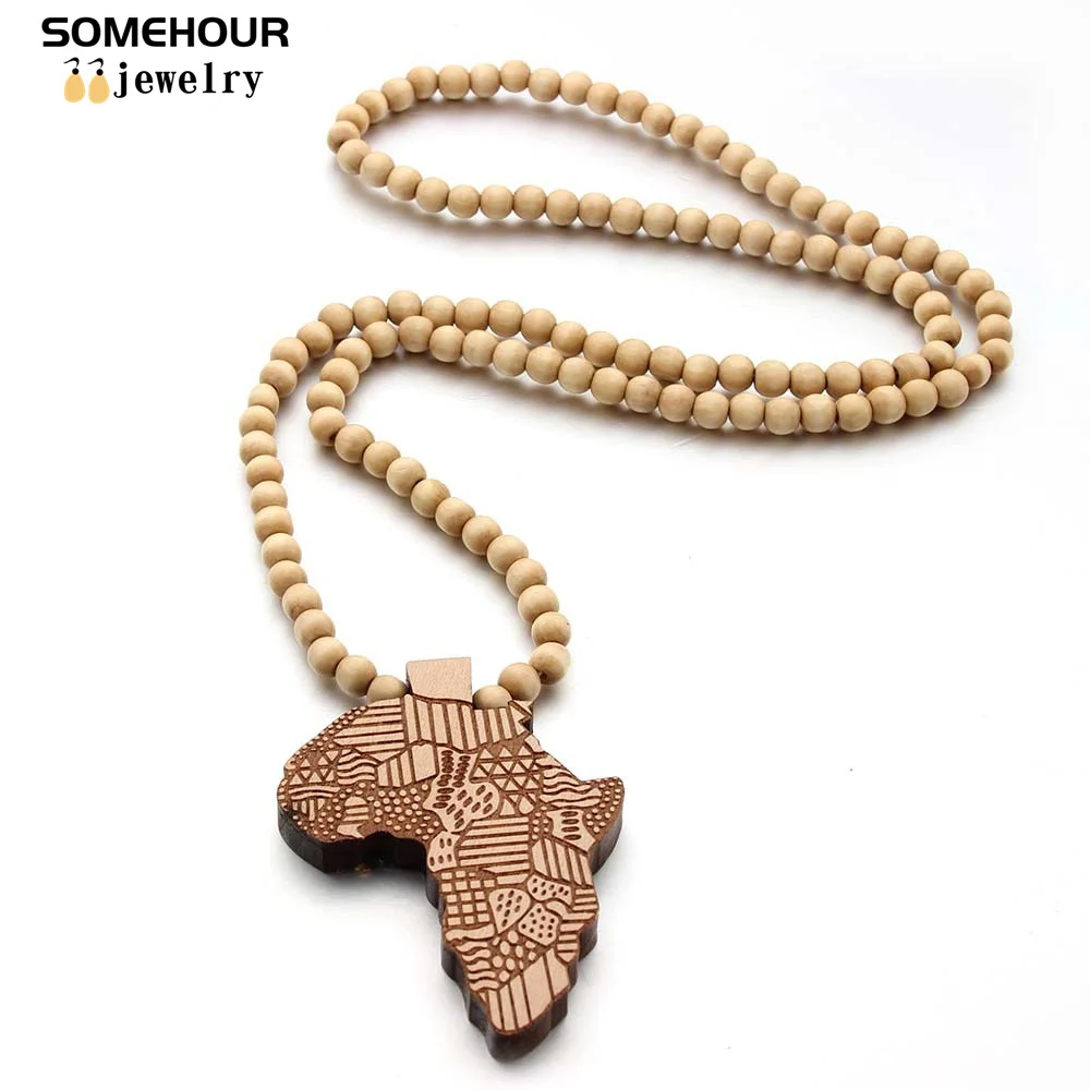 SOMEHOUR Fashion Africa Map Necklace For Men And Women Engraved Wooden Pendant Beads String Chians Charms Dangle Hiphop Jewelry