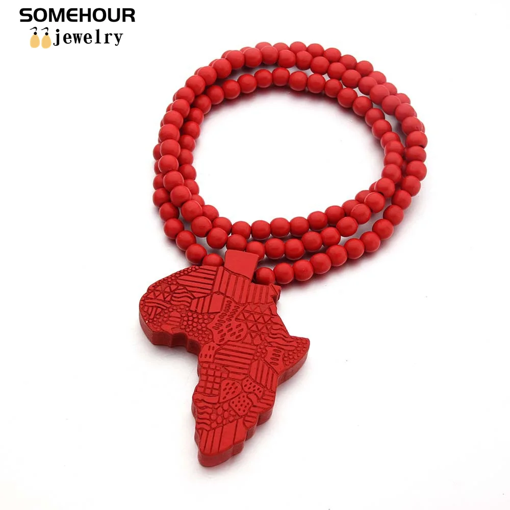 SOMEHOUR Fashion Africa Map Necklace For Men And Women Engraved Wooden Pendant Beads String Chians Charms Dangle Hiphop Jewelry