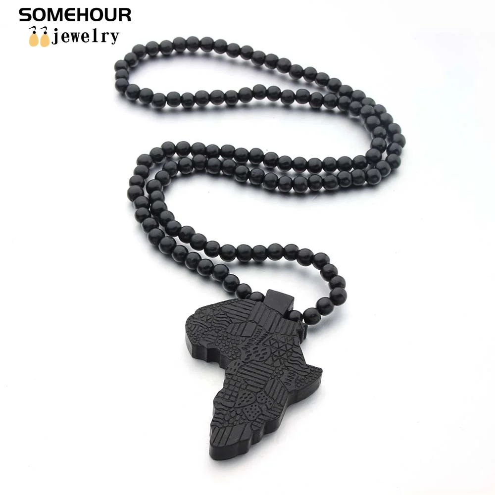 SOMEHOUR Fashion Africa Map Necklace For Men And Women Engraved Wooden Pendant Beads String Chians Charms Dangle Hiphop Jewelry