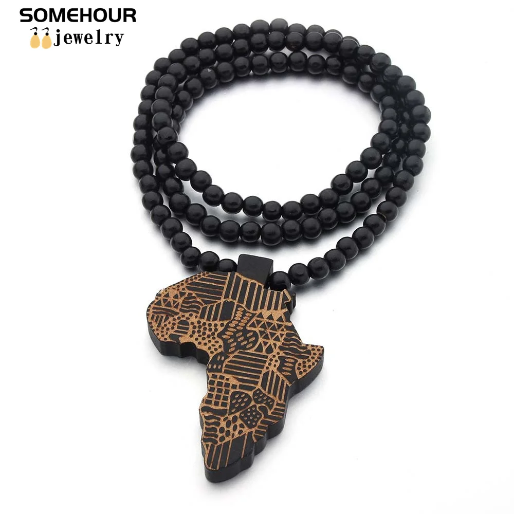 SOMEHOUR Fashion Africa Map Necklace For Men And Women Engraved Wooden Pendant Beads String Chians Charms Dangle Hiphop Jewelry