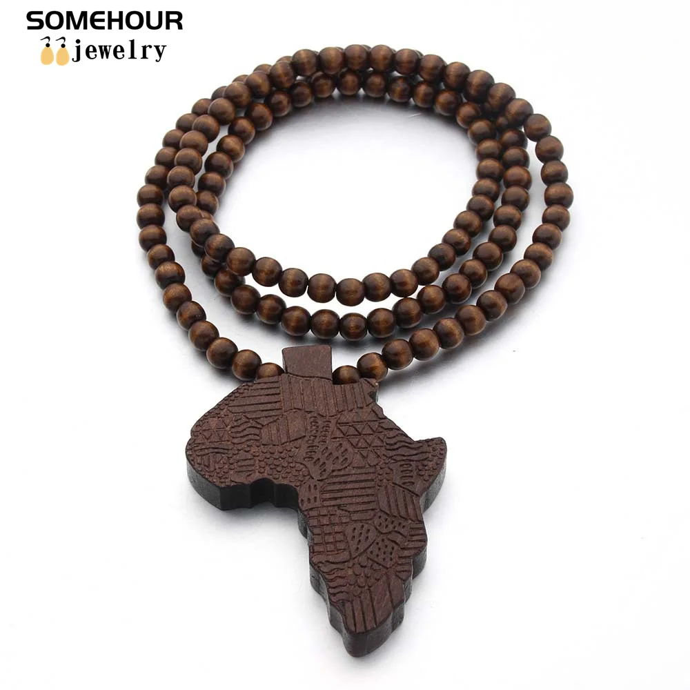 SOMEHOUR Fashion Africa Map Necklace For Men And Women Engraved Wooden Pendant Beads String Chians Charms Dangle Hiphop Jewelry