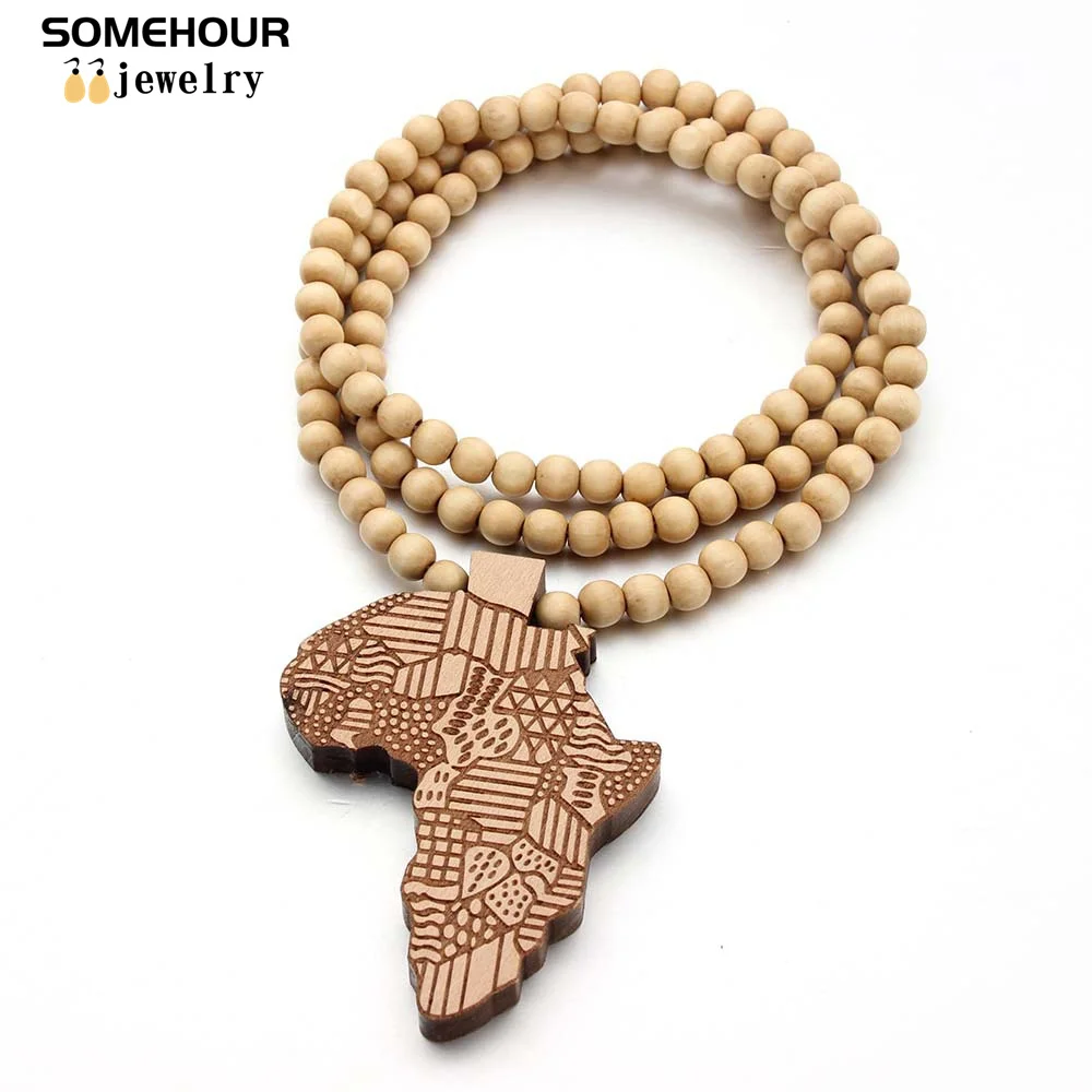 SOMEHOUR Fashion Africa Map Necklace For Men And Women Engraved Wooden Pendant Beads String Chians Charms Dangle Hiphop Jewelry