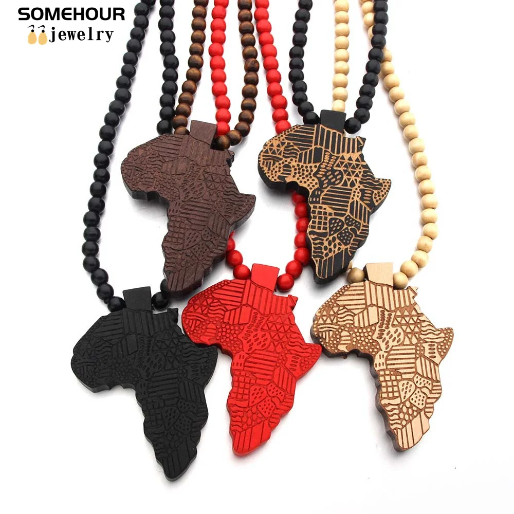 SOMEHOUR Fashion Africa Map Necklace For Men And Women Engraved Wooden Pendant Beads String Chians Charms Dangle Hiphop Jewelry