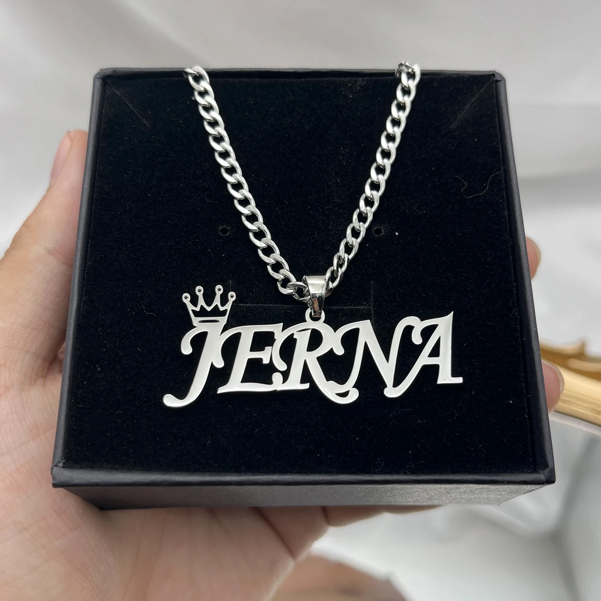 Custom Name Necklace Cuban Chain Pendant Necklace Custom Stainless Steel Crown Necklace Personalized Silver Jewelry Women