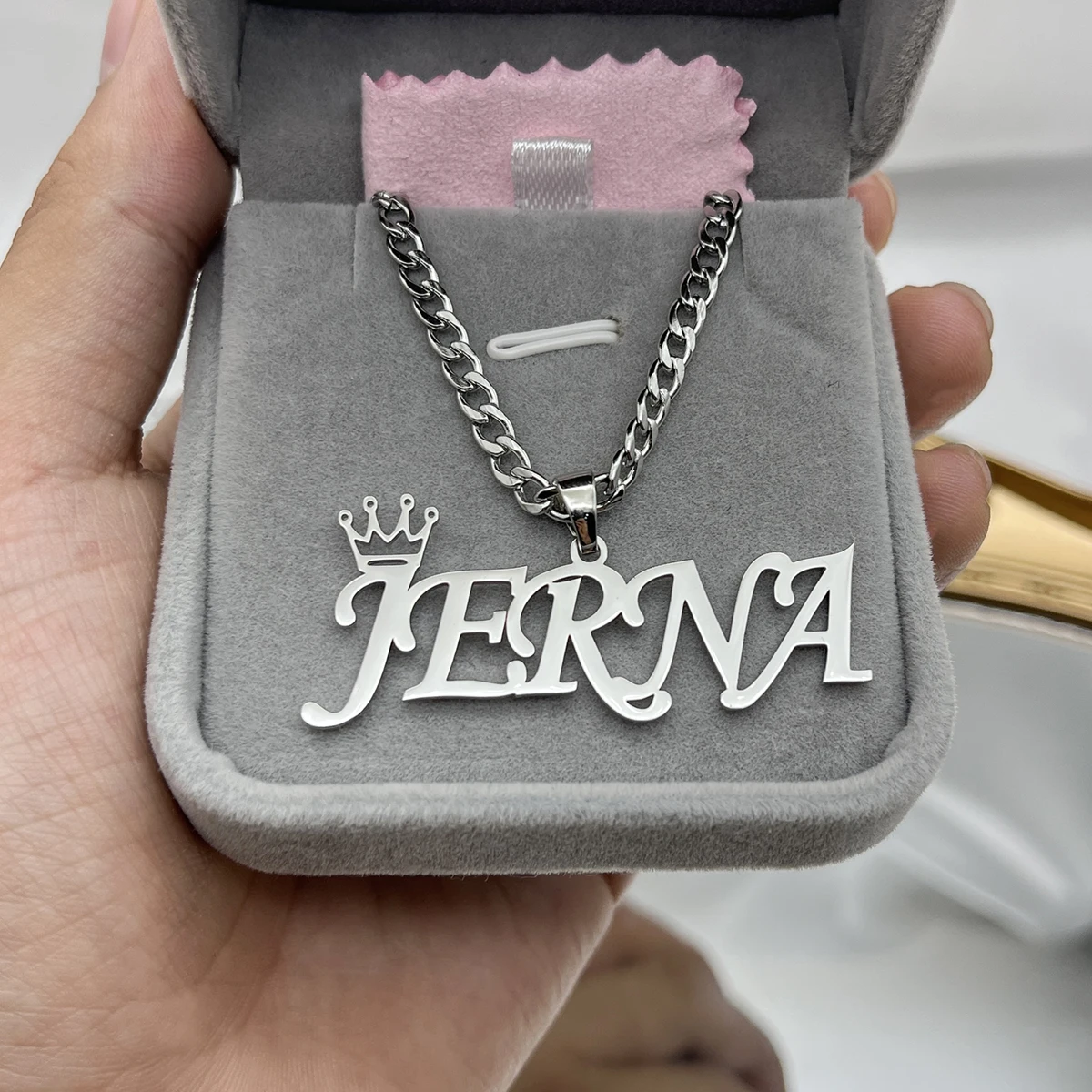 Custom Name Necklace Cuban Chain Pendant Necklace Custom Stainless Steel Crown Necklace Personalized Silver Jewelry Women