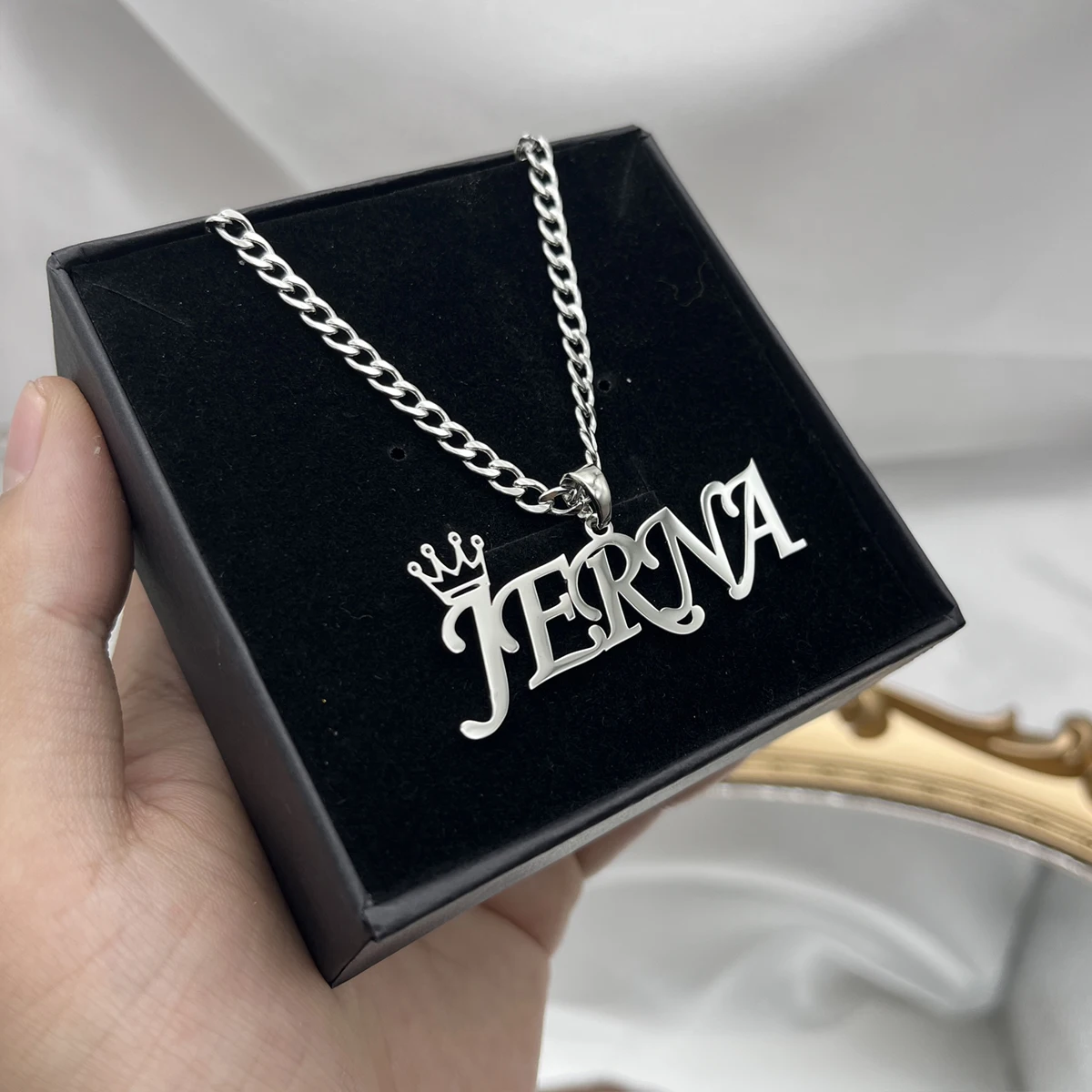 Custom Name Necklace Cuban Chain Pendant Necklace Custom Stainless Steel Crown Necklace Personalized Silver Jewelry Women