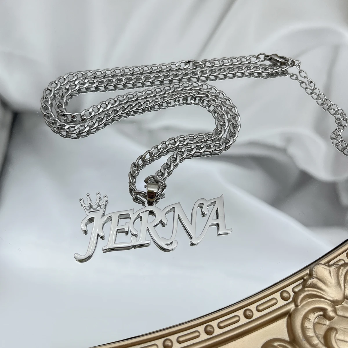 Custom Name Necklace Cuban Chain Pendant Necklace Custom Stainless Steel Crown Necklace Personalized Silver Jewelry Women