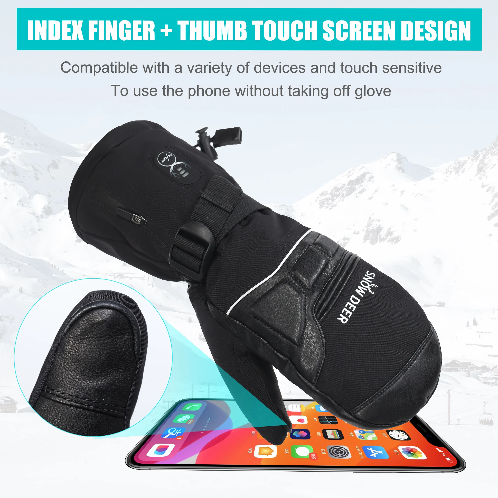 Moto Snowboard Rechargeable Electric Heated Skiing Gloves Leather Heating Gloves With Battery Winter Mittens For Women Men 2022