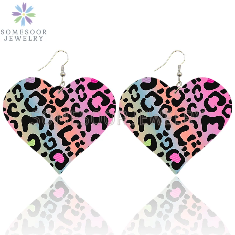 SOMESOOR Fashion Leopard Print Heart Wooden Drop Earrings For Women Black Zebra Colorful Animal Skin Pattern Wood Dangle Jewelry