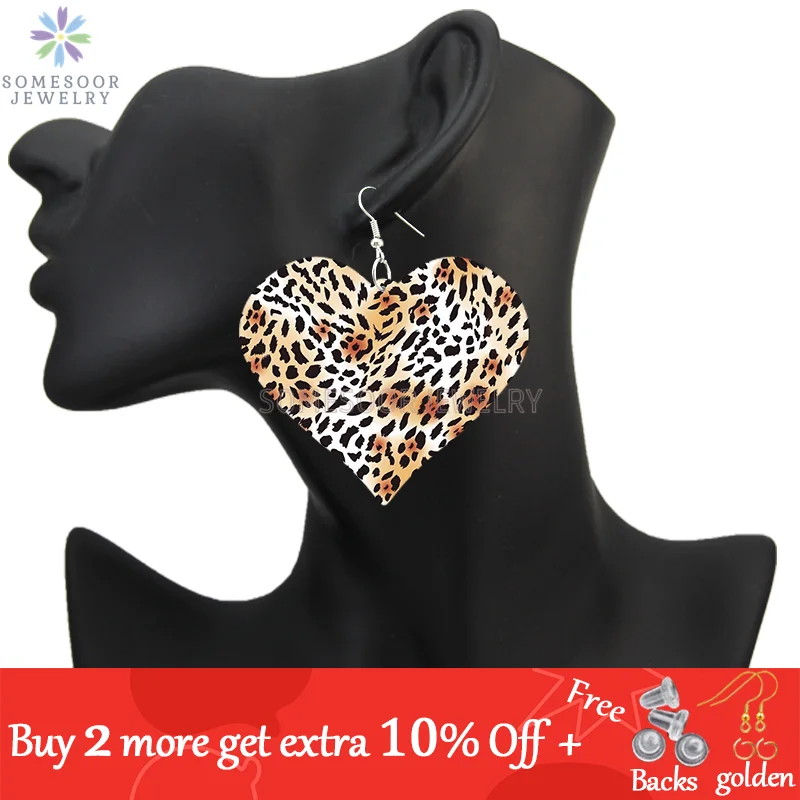 SOMESOOR Fashion Leopard Print Heart Wooden Drop Earrings For Women Black Zebra Colorful Animal Skin Pattern Wood Dangle Jewelry